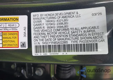 2025 Honda Accord Se from USA, damaged, VIN 1HGCY1F48SA022865